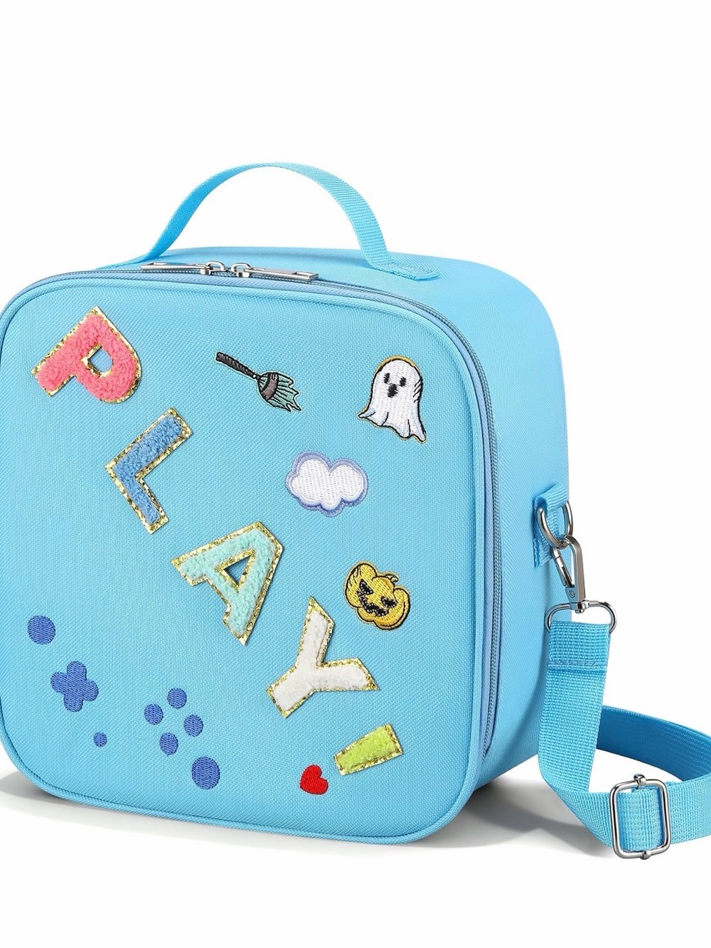 Source Unknown Light Blue Kids Lunch Bag with Colorful Patch Accents